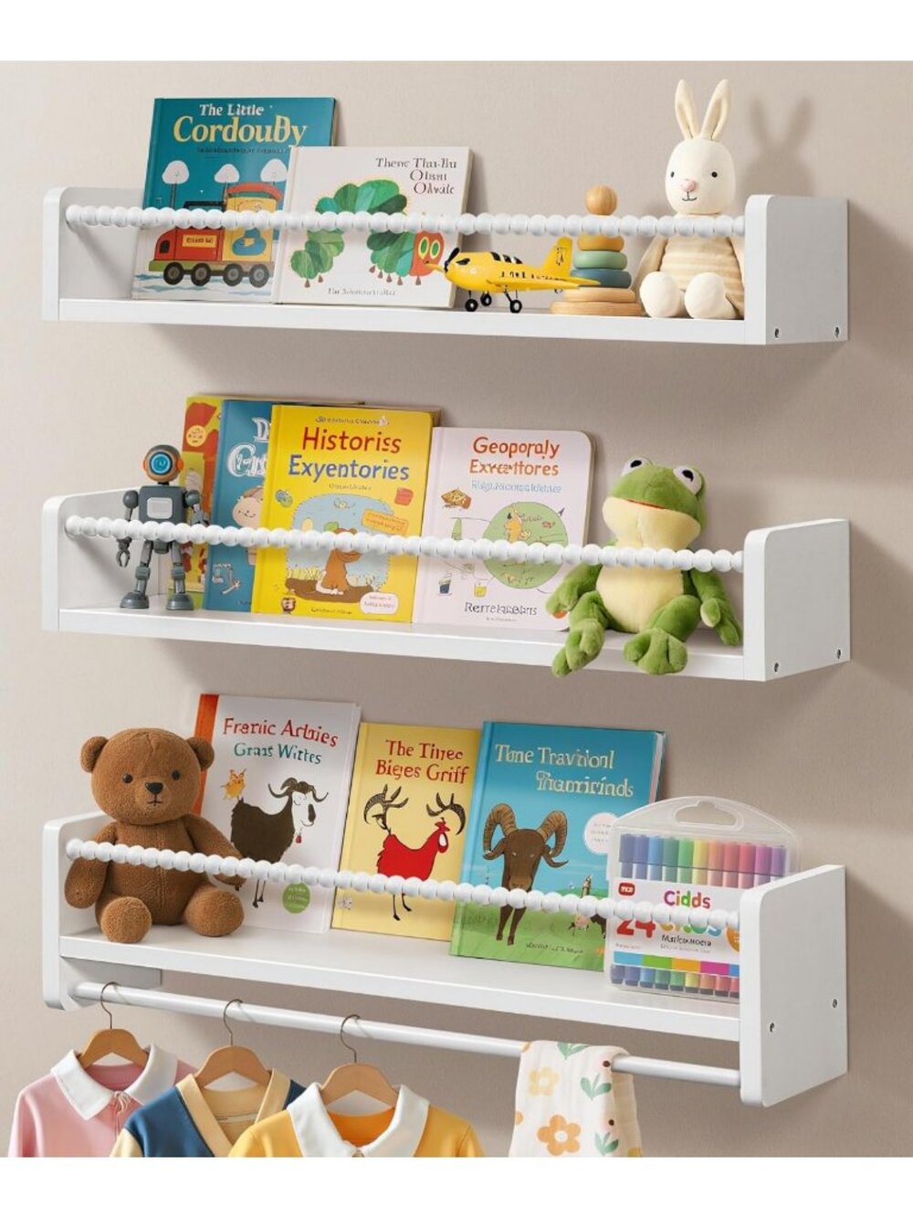 Stylish 23-Inch White Floating Kids Bookshelves - Set of 3 Wall Shelves